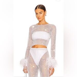 Santa Brands Feather trim Crystal Top Mesh white sheer party resort Revolve NWT